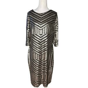 Geometric Gunmetal Black Sequin Sheath 14 Tall Formal R & M Richards Midi Dress